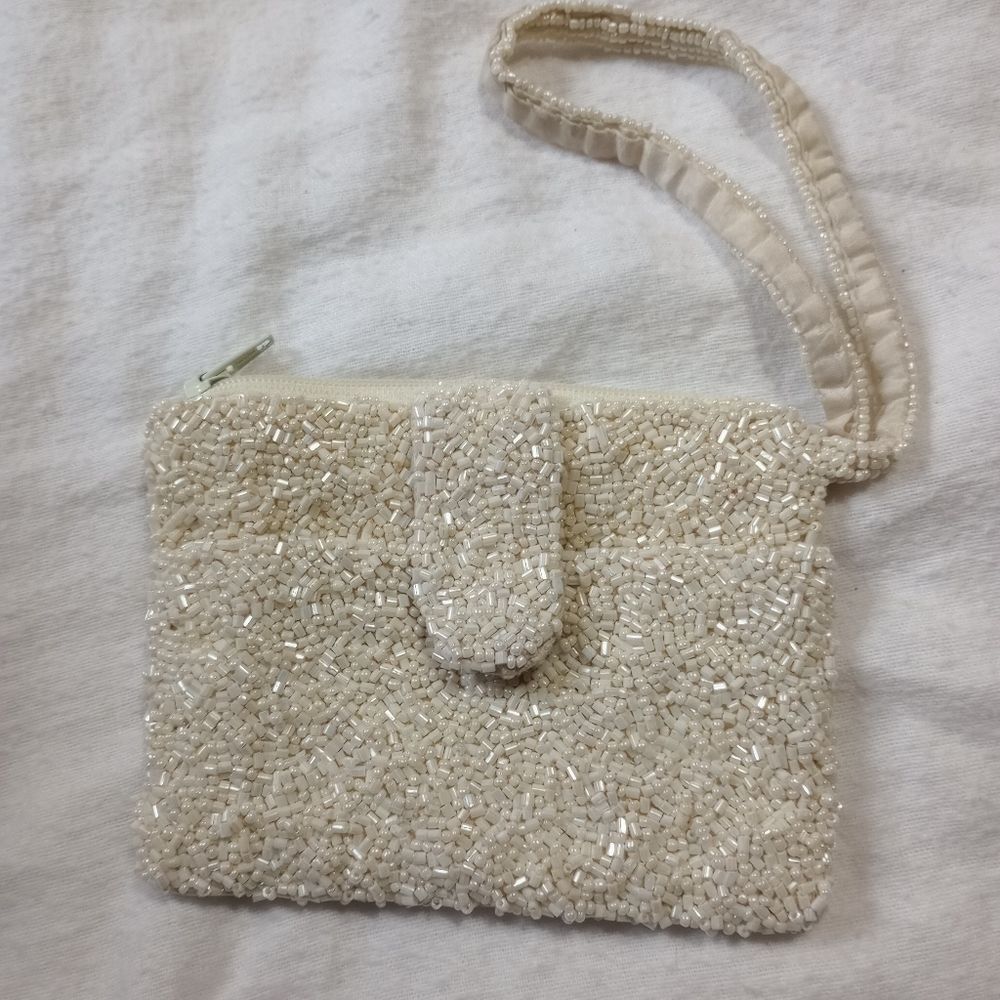 Moyna Beaded Zip Code Custom Clutch Evening Purse Clutch White